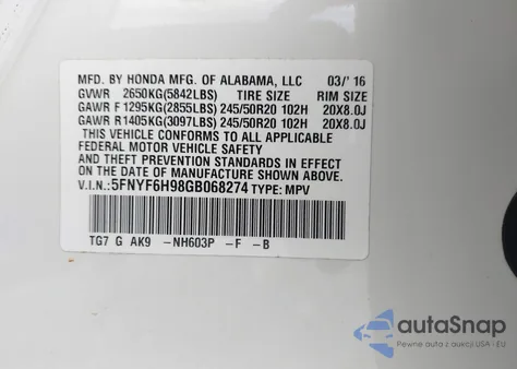 2016 Honda Pilot Touring z USA, uszkodzony, nr VIN 5FNYF6H98GB068274